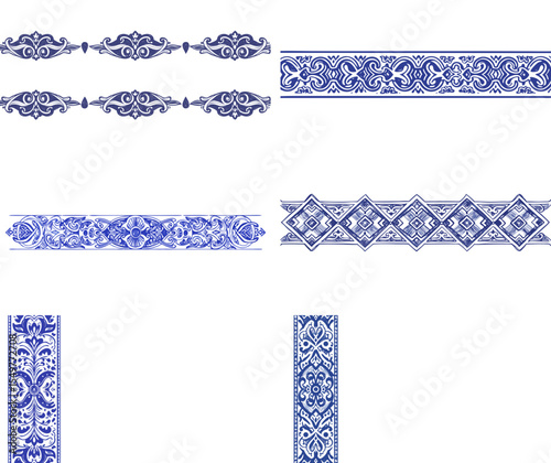 Set of six isolated Greek ornaments in hand-drawn style with blue pen on transparent background
