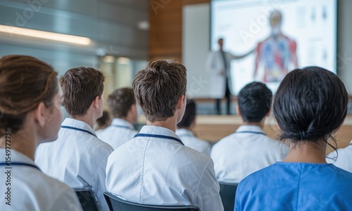 Medical students in lab coats and scrubs attending a lecture on human anatomy in a modern university hall