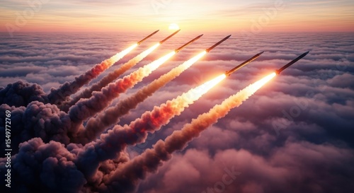 Five intercontinental ballistic missiles launching simultaneously into a dramatic sunrise sky above clouds photo