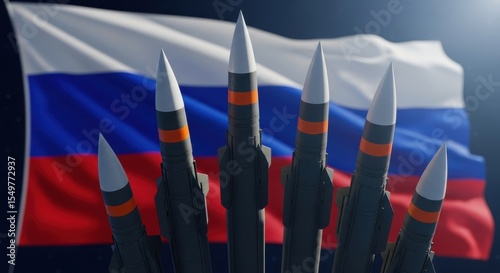 Powerful russian military missiles and flag, symbolizing national defense and weapon strength