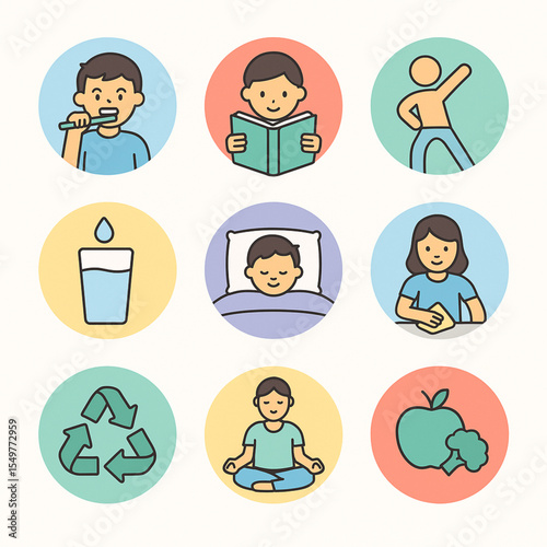Vector Illustration of Cartoon Characters and Icons for Education Wellness and Daily Life