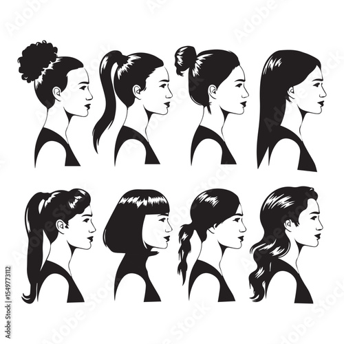Diverse Hairstyles Showcase Eight Women's Profiles Exploring Ponytails, Buns, Bangs and Long Hair in a Minimalist Black and White Illustration