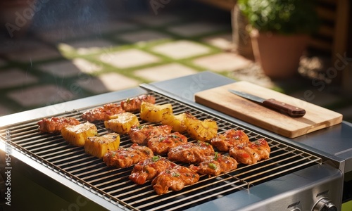 Succulent chicken skewers and vibrant pineapple chunks grilling on a hot barbecue.