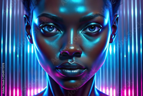 Digital woman face for AI technology concept. Glitched and corrupted female face. Model hidden behind mirror pattern. Neon red and pink Beautiful girl. Reeded Glass. Ribbed Background.