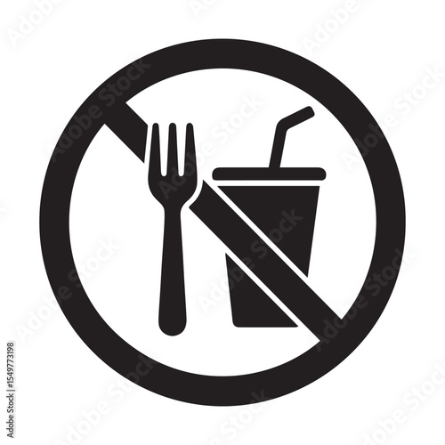 Black and White Vector Icon of Prohibited Food and Drink Depicting a Fork and Soda Cup Inside a Circle