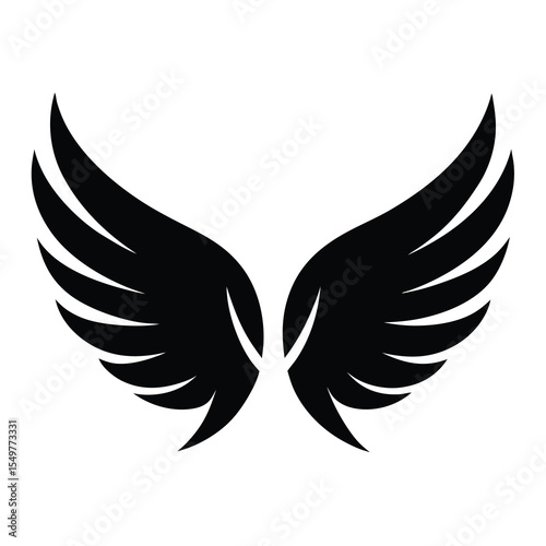 Black flying wings vector silhouette icon symbolizing freedom, fantasy, flight, bird, or aviation concept design for minimal branding.