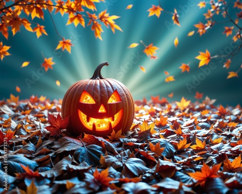 Classic Halloween Pumpkin Lantern with Colorful Autumn Leaves photo