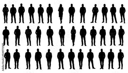 Silhouettes of Professional Adults Standing – Men and Women in Business Casual Attire, Corporate Group Illustration for Office Use
