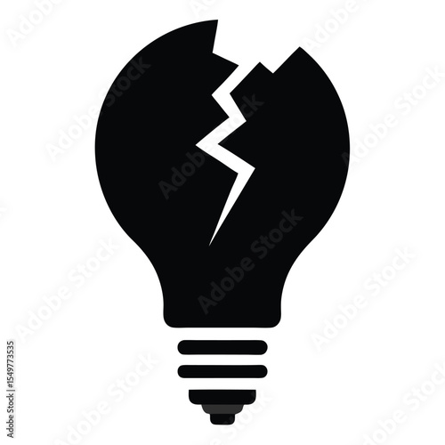 Broken light bulb vector icon in black silhouette style representing failed idea, creativity issues, or damaged electricity for design, signage, and web use.