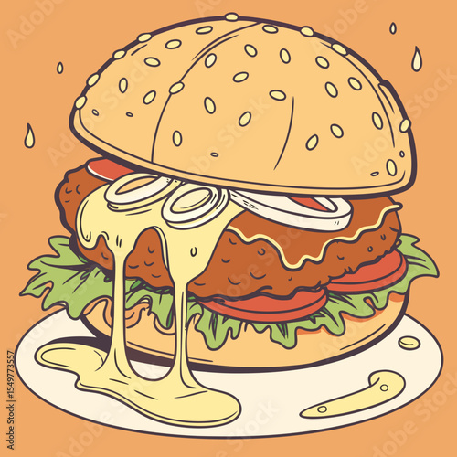 Minimalist burger icon vector, with all ingredients aligned perfectly between golden sesame seed buns.