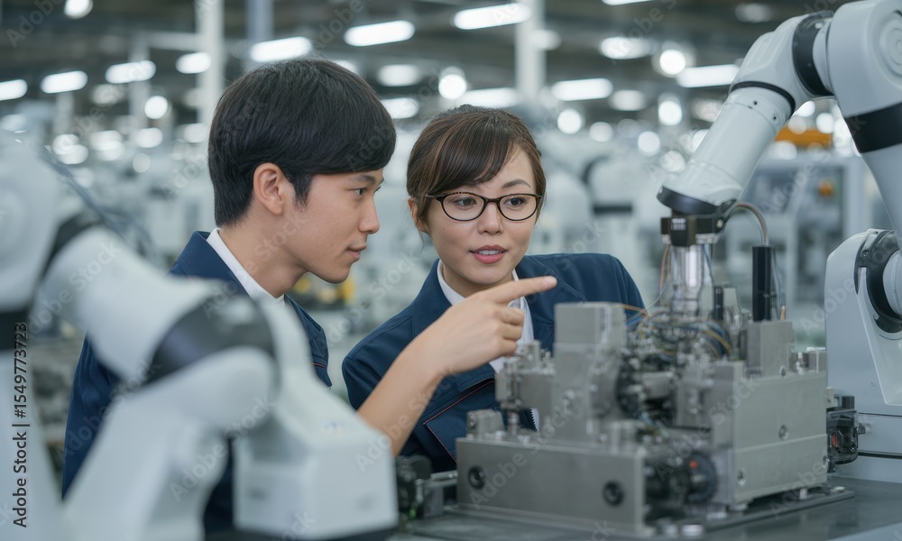 Obraz premium Two young japanese factory workers inspecting a robotic arm in a modern industrial setting.