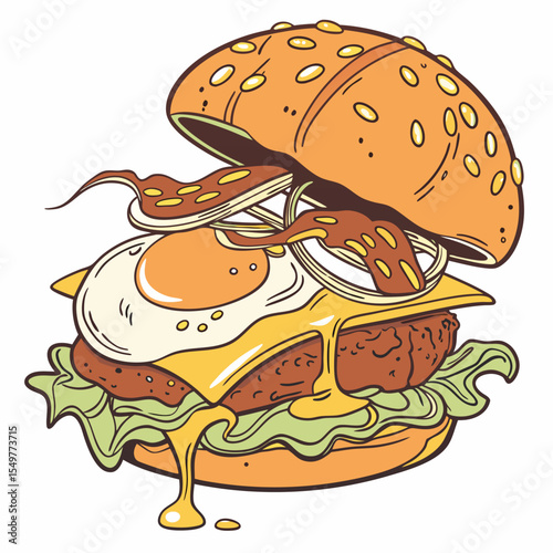 Clean vector burger design with stacked ingredients: beef, cheese, lettuce, tomato, and sesame bun.