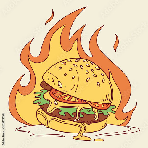 Double cheeseburger vector featuring melted cheese, crispy bacon, lettuce, tomato, and sesame seed bun.