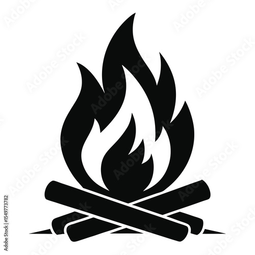Black campfire vector icon with burning flame and wood, ideal for camping, survival, outdoor adventure, and fire safety designs