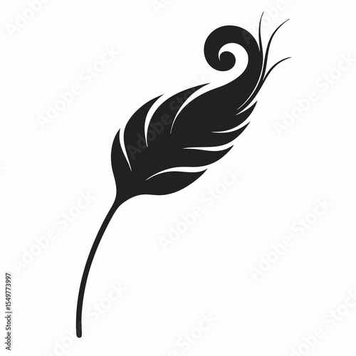 Elegant curved feather black vector icon, perfect for writing, creativity, nature, softness, and artistic vintage-themed designs