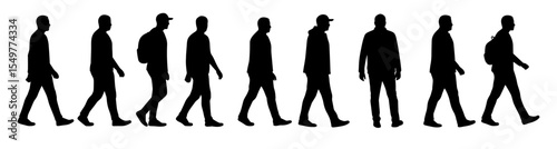 Silhouettes of Men Walking in Side View for Lifestyle, Business, Commuting, Daily Routine, and Modern Urban