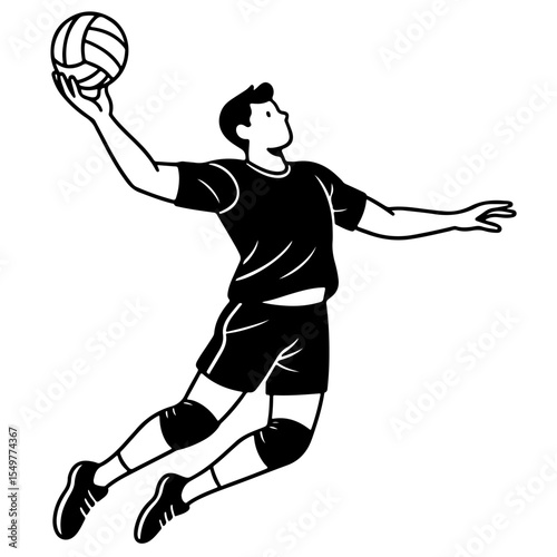 Black and white illustration of a volleyball player making a jump serve