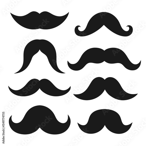 Collection of mustache silhouette icons in different styles and shapes, ideal for barbershop, gentleman themes, facial hair grooming or hipster design projects