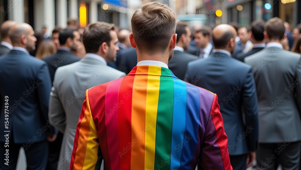 Fototapeta premium A man, his back to the camera, proudly displays a vibrant rainbow jacket amidst a crowd of business professionals. The scene is striking, a bold statement of individuality within conformity.