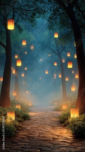 Enchanted forest path lined with floating lanterns, dreamy magical journey