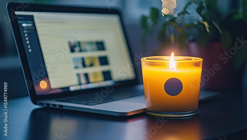 Laptop and candle on a desk at night