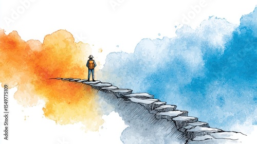 Hand-drawn hiker climbing mountain with sketchy ink lines and watercolor sky, symbol of perseverance