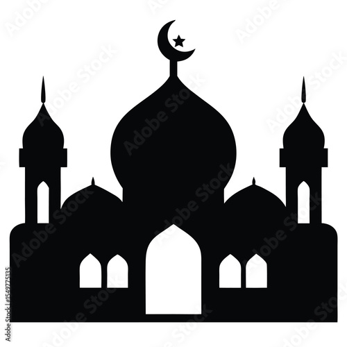 Black silhouette of a traditional mosque building, ideal for Islamic festival designs, religious symbols, prayer graphics, Eid celebrations, and cultural vector themes.
