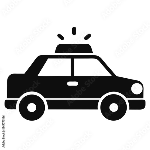 Black silhouette of a police car icon with rooftop lights, ideal for law enforcement graphics, emergency services icons, patrol vehicle illustrations, or public safety themes.