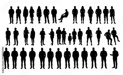 Adults and Children in Various Standing, Sitting, and Interacting Poses, Representing Modern Society and Everyday Life