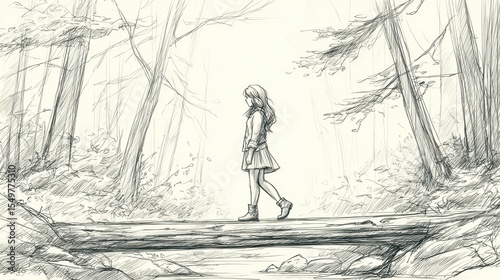 Pencil sketch of girl walking across log bridge in forest, delicate lines and gentle motion