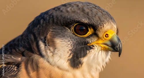 Close-up of a Peregrine Falcon Head with Sharp Beak and Intense Eyes in Natural Setting