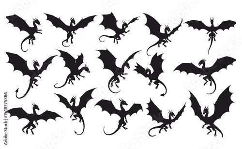 Mythical Creatures in Dynamic Flying and Fierce Poses, Fantasy Beasts with Spread Wings
