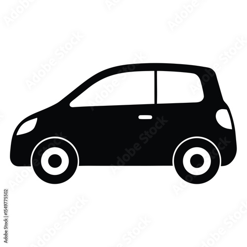 Black silhouette of a compact city car icon, ideal for transportation themes, urban mobility graphics, car rental logos, vehicle apps, and automotive vector illustrations.