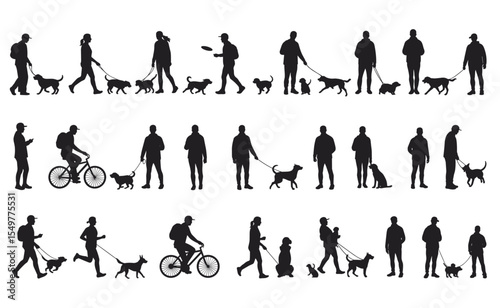 Collection of Individuals Walking, Running, Cycling with Dogs, and Engaging in Outdoor Activities