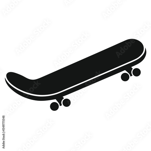 Black silhouette of a skateboard icon, ideal for extreme sports graphics, youth culture themes, street lifestyle branding, skate park signage, or minimalist sport vector designs.