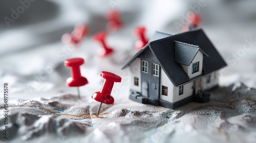 Miniature House Model on a Topographic Map with Red Pins Symbolizing Locations