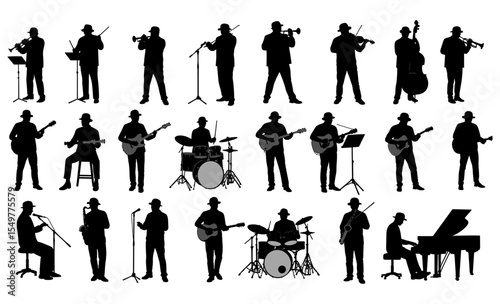 Collection of Musicians Playing Various Instruments, Including Brass, Strings, Percussion, and Piano