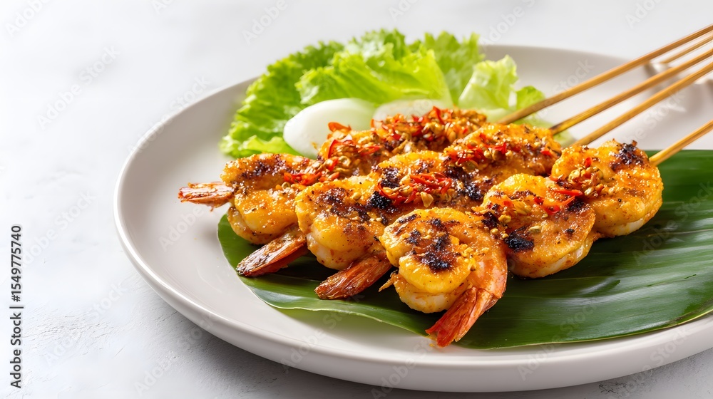 Delicious grilled shrimp skewers served with fresh lettuce and a spicy sauce. Delicious grilled shrimp skewers served with fresh lettuce and a spicy sauce.