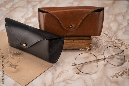 Schilderij op canvas concept marketing photo of leather glasses cases