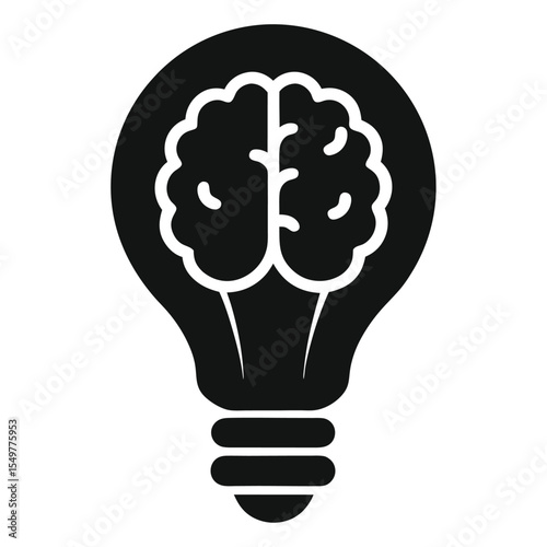 Creative silhouette of a brain inside a light bulb, symbolizing innovation, intelligence, brainstorming, smart ideas, mental power, and genius concepts in black and white vector style.