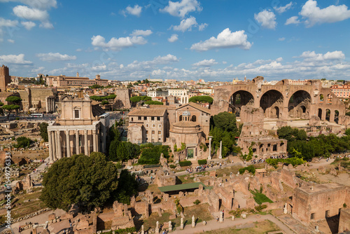 Top view of the Roman forum with architectural monuments of Ancient Rome. The panorama. Rome, Italy