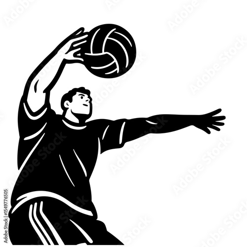 Black and white vector illustration of a volleyball player spiking the ball.