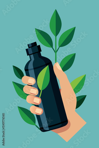 Hand Holding a Dark Bottle of Natural Organic Product with Green Leaves