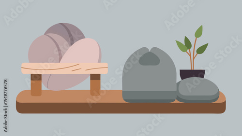 Spa Stones Zen Garden Arrangement Wooden Shelf Decor