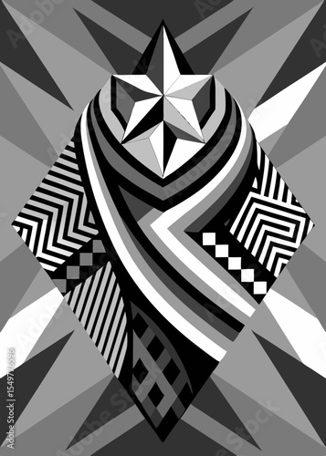 Abstract Monochrome Geometric Star Design with Stripes and Shapes