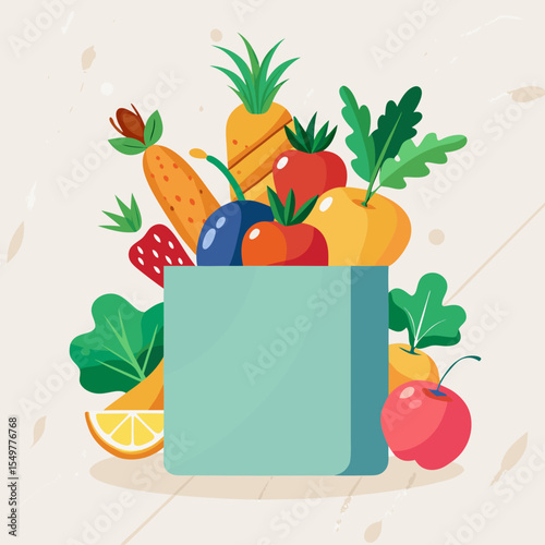 Fresh Produce in a Teal Bag Healthy Eating Concept Illustration