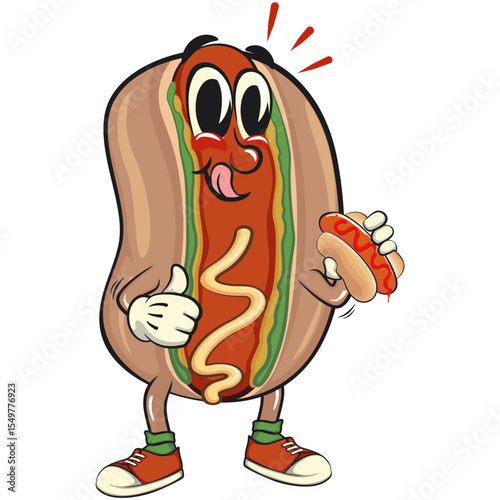 cute hot dog mascot cartoon vector illustration carrying a hotdog while giving a thumbs up, funny fast food character isolated on transparent background, work of hand drawn
