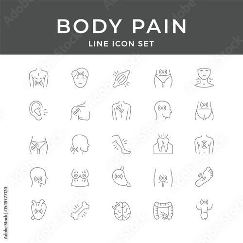 Body Pain Line Icon Set – Medical, Ache, Symptom, Muscle, Chronic, Health, Anatomy, Minimal Vector Collection