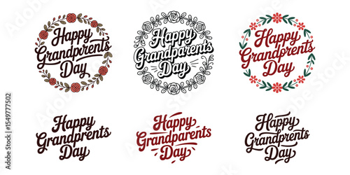 Various elegant and artistic happy grandparents day typography design elements with floral wreaths