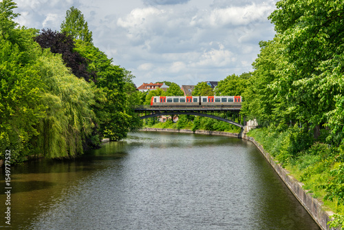 Hamburg, Germany. The river Alster with subway bridge.